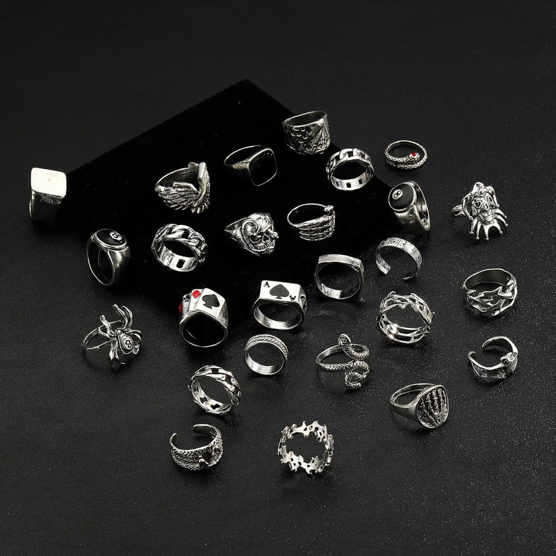 Acruccen 26 Pcs Vintage Silver Punk Rings Set for Men Cool Gothic Chunky Rings Statement Snake Wing Signet Ring Set - Image 2